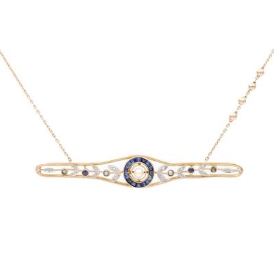 Collier Or Jaune - bijou ancien - saphirs diamants perles
